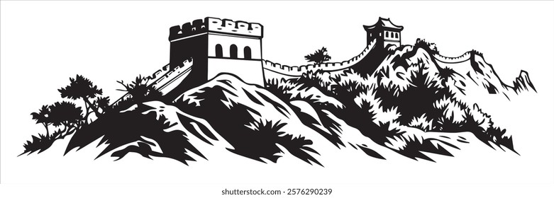 great wall of china with mountains and trees black ink silhouette illustration