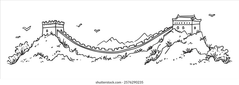 great wall of china with nature and mountains hand-drawn minimal line art
