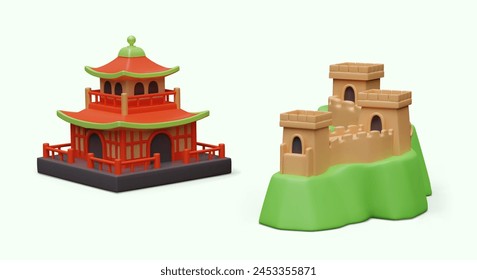 Great Wall of China on green hill, red pagoda with curved roof