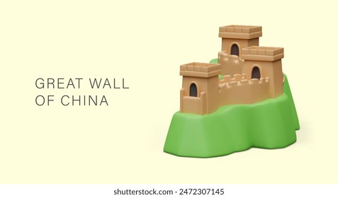 Great Wall of China on green hill. Vector architectural monument in 3D style