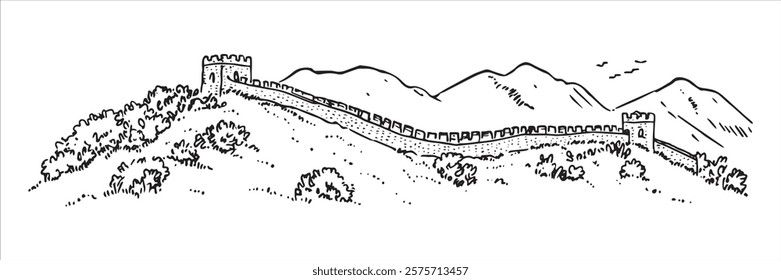 great wall of china on hillside with mountains hand-drawn sketch doodle