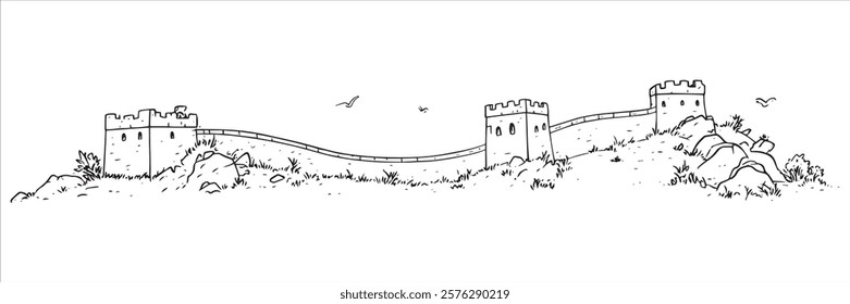 great wall of china on hilly terrain hand-drawn minimal line art