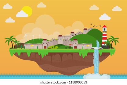 Great wall of China on island and mountain view. vector illustration