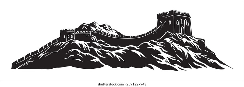 great wall of china on mountain ridge in sketch style