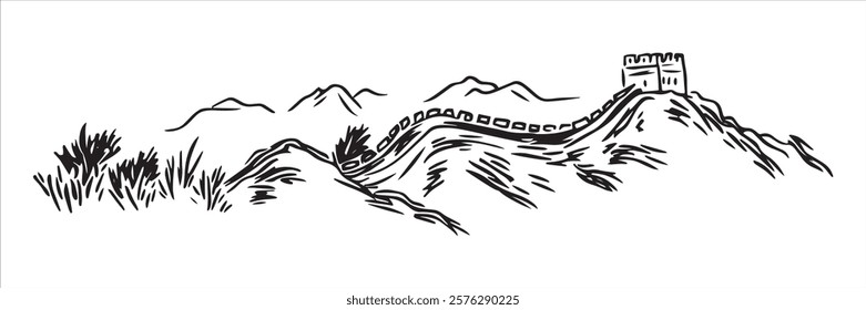 great wall of china on rugged mountains hand-drawn line art illustration