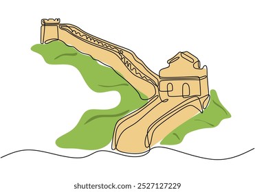 Gran Muralla China en un dibujo de línea continua. Símbolo icónico de la antigua defensa china. Ilustración dibujada a mano para el patrimonio cultural.