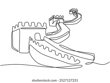 Grande Muralha da China em um desenho de linha contínua. Famoso marco representando as fortificações da China antiga. Ilustração desenhada à mão para significância histórica.