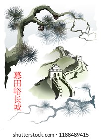 Gran Muralla China
Rama de pino en el fondo de la Gran Muralla China. Hieroglíficos - Gran Muralla, Mutianyu. imitación vectorial de la pintura china. EPS-10.