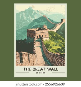 The Great Wall of China Retro Travel Style Poster Stock Vector