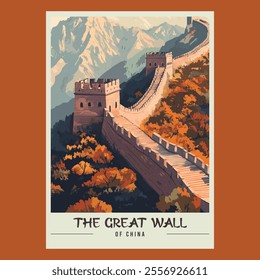 The Great Wall of China Retro Travel Style Poster Stock Vector