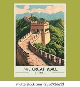 The Great Wall of China Retro Travel Style Poster Stock Vector