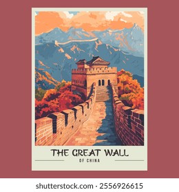 The Great Wall of China Retro Travel Style Poster Stock Vector