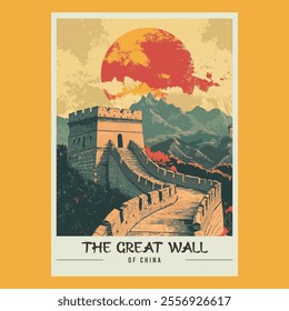 The Great Wall of China Retro Travel Style Poster Stock Vector