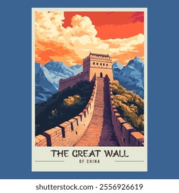 The Great Wall of China Retro Travel Style Poster Stock Vector