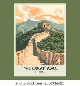 The Great Wall of China Retro Travel Style Poster Stock Vector