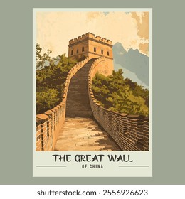 The Great Wall of China Retro Travel Style Poster Stock Vector