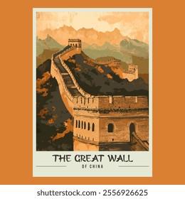 The Great Wall of China Retro Travel Style Poster Stock Vector