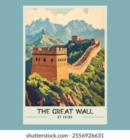 The Great Wall of China Retro Travel Style Poster Stock Vector