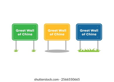 Great Wall China road sign. Great Wall China entering signpost. Billboard on the road. Vector illustration