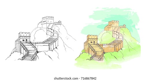 The Great Wall of China in sketch style.Vector illustration.Watercolor chinese historical showplace for print, souvenirs, postcards, t-shirts, decoration, picture.