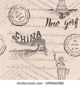 The great Wall of China, the Statue of Liberty with lettering New york on a beige background