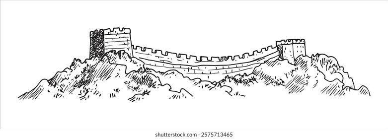 great wall of china surrounded by dense vegetation hand-drawn sketch doodle