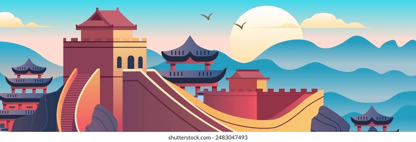 Great Wall of China travel destination colorful landscape with traditional Chinese architecture mountains and birds in the sky modern flat design