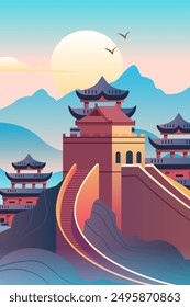 Great Wall of China travel destination colorful landscape with traditional architecture mountains rising sun birds sky background tourism