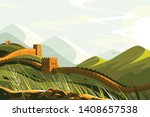Great Wall of China vector illustration. Chinese famous landmark with watchtowers and wall sections on green mountains for travel and tourism design flat style concept