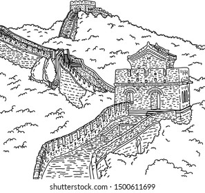 Great wall of china vector illustration sketch doodle hand drawn with black lines isolated on white background