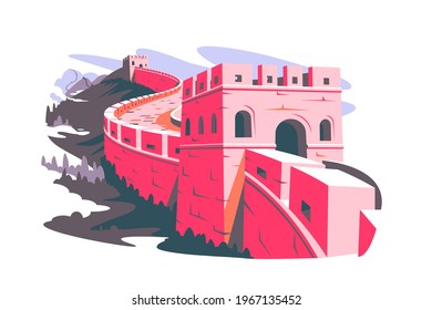 Gran pared de ilustración vectorial china. Lugar de referencia chino con torres de vigilancia y secciones murales sobre montañas de estilo plano. Concepto de cultura, viajes y turismo. Aislado sobre fondo blanco