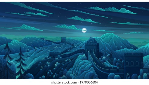 Great Wall of China vector illustration. Chinese famous landmark with watchtowers. Great wall in night. Wall sections on green mountains for travel and tourism, flat style concept