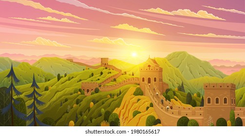 Great Wall of China vector illustration. Chinese famous landmark with watchtowers. Great wall under sunshine during sunset. Wall sections on green mountains for travel and tourism, flat style concept