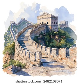 great wall of china vector illustration in watercolor style