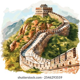 Gran Muralla de China Ilustración vectorial en estilo de acuarela, aislado en fondo blanco