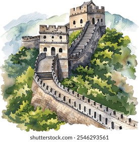 Gran Muralla de China Ilustración vectorial en estilo de acuarela, aislado en fondo blanco