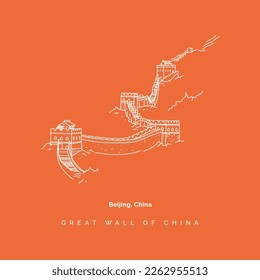 great wall of china vector line art on simple orange background