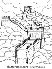 The great Wall of China. Vector linear illustration.