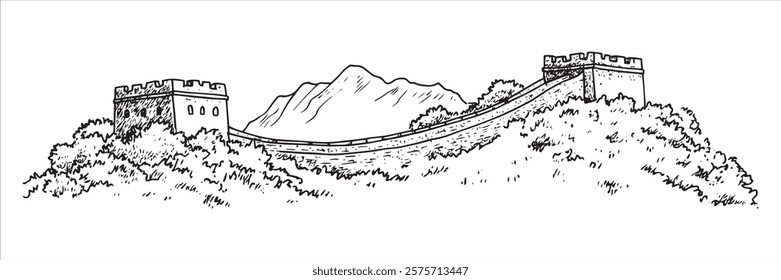 great wall of china with watchtowers and forest hand-drawn sketch doodle