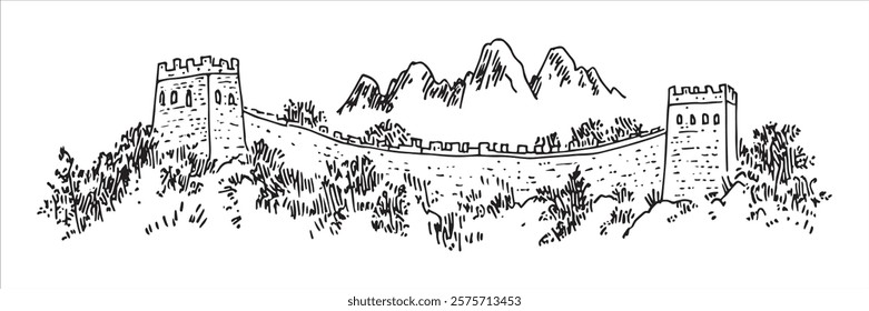 great wall of china with watchtowers and mountains hand-drawn sketch doodle