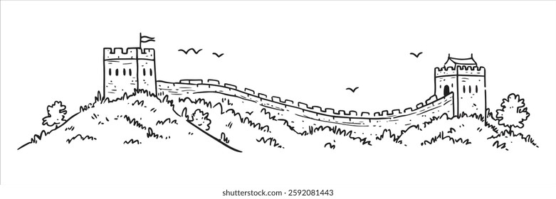 great wall of china with watchtowers on hills in sketch style