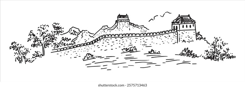 great wall of china with watchtowers and trees hand-drawn sketch doodle