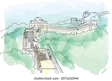 The Great Wall of China. Watercolor landscape, illustration  for travel magazine, social media post, poster, web 