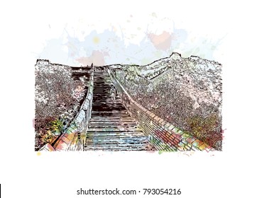 Great Wall of China. Watercolor splash with Hand drawn sketch illustration in vector.