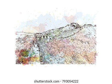 Great Wall of China. Watercolor splash with Hand drawn sketch illustration in vector.