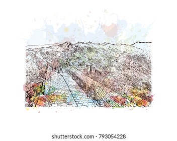 Great Wall of China. Watercolor splash with Hand drawn sketch illustration in vector.