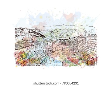Great Wall of China. Watercolor splash with Hand drawn sketch illustration in vector.
