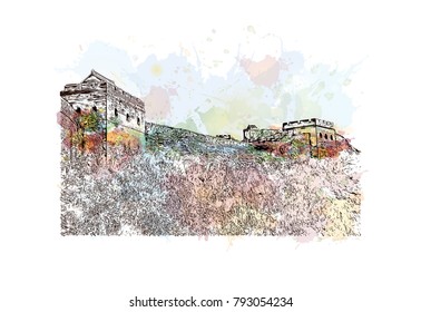 Great Wall of China. Watercolor splash with Hand drawn sketch illustration in vector.