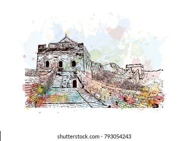 Great Wall of China. Watercolor splash with Hand drawn sketch illustration in vector.