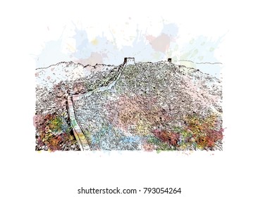 Great Wall of China. Watercolor splash with Hand drawn sketch illustration in vector.